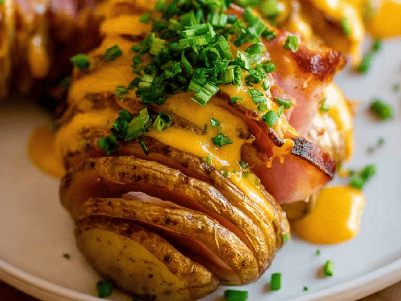 Batatas Hasselback com Presunto e Cheddar