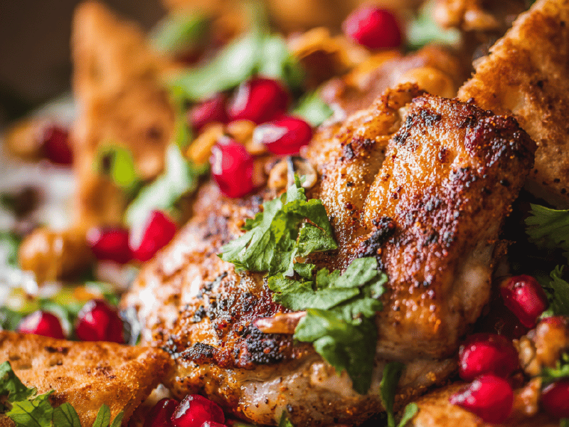 Frango com grão e pitas crocantes