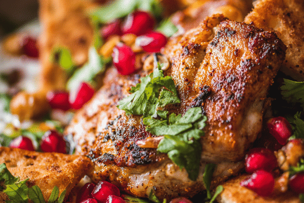 Frango com grão e pitas crocantes