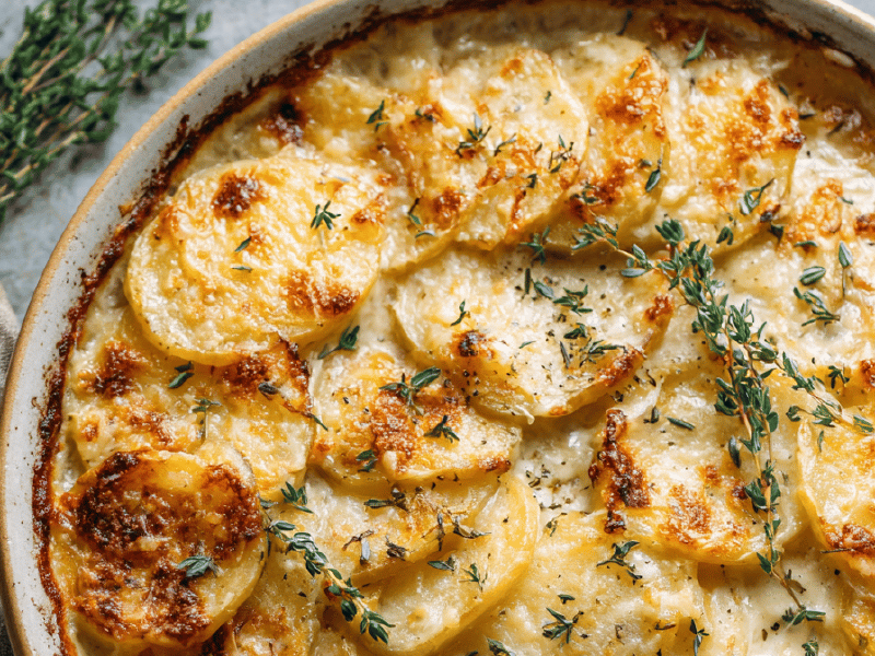Gratin de Batatas com Alho Confit e Queijo Gouda