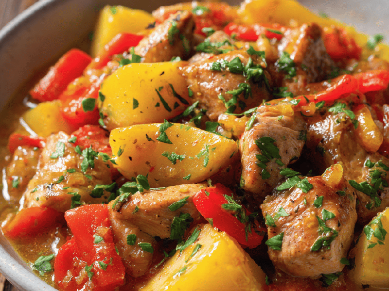 Guisado de Peru com Batata e Pimentão