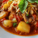Purê de batata vermelha e salsichas