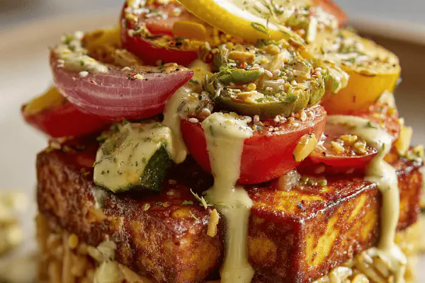 Millefeuille de tofu com orzo tostado