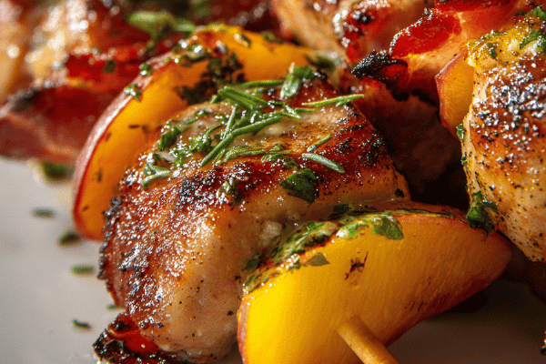 Mini espetinhos frango-pêssego