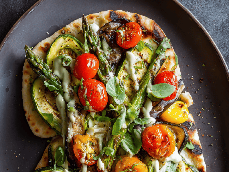 Naan com legumes na brasa