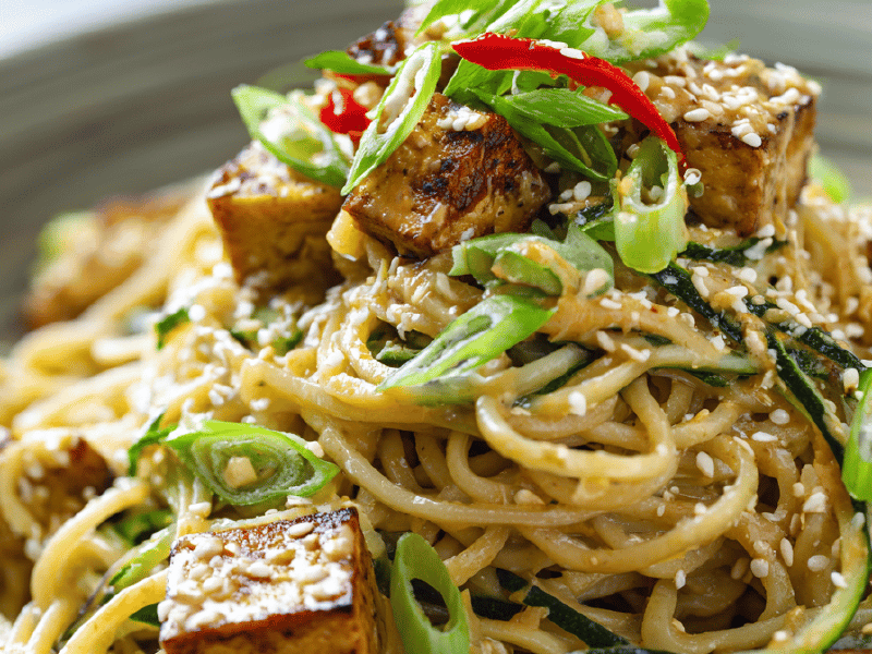 Noodles frios com gergelim e tofu defumado