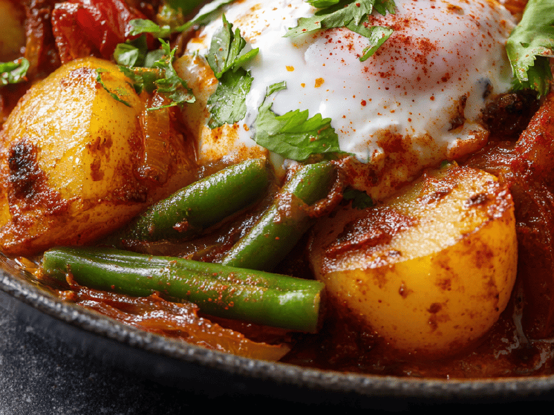 Ovos Pochê na Cebola com Tomate e Curry