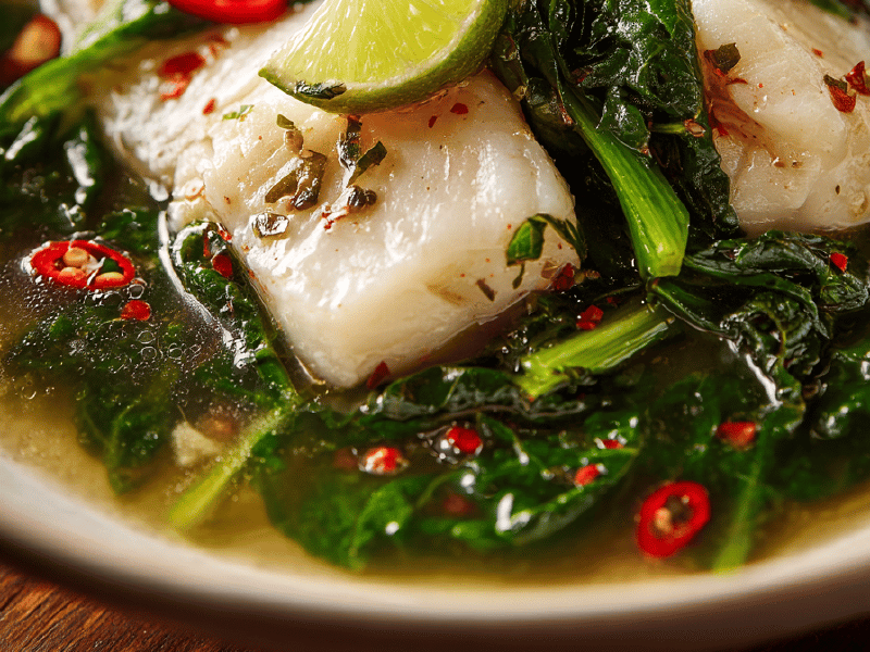Peixe branco ao caldo de gengibre com acelga