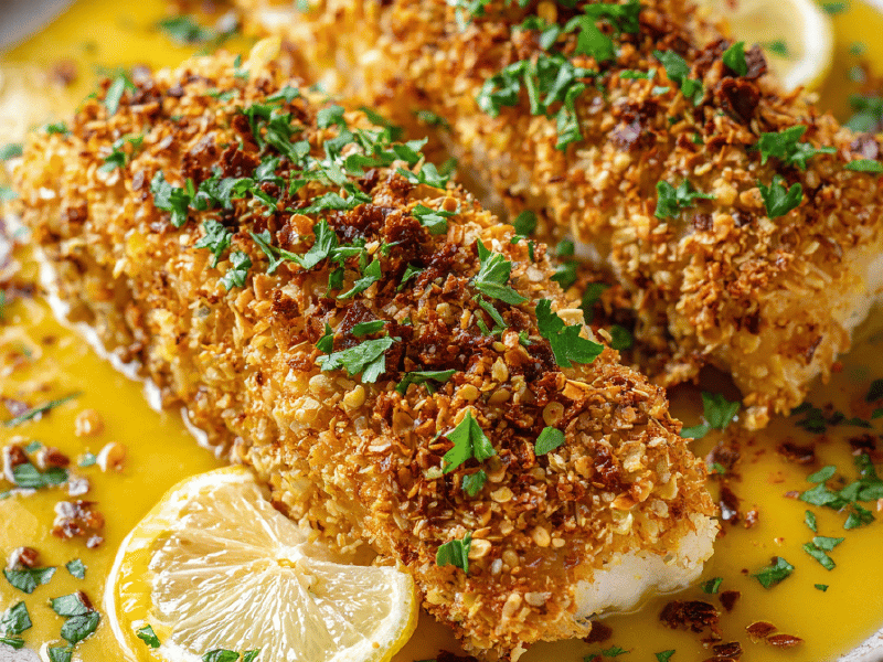 Peixe crocante com crosta de bretzels