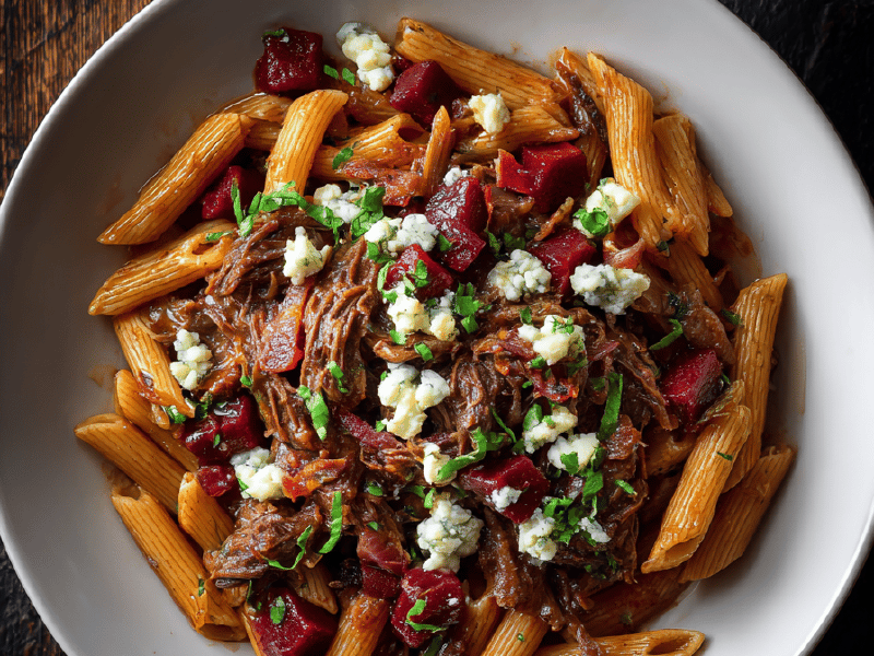 Penne com ragù de carne e beterraba
