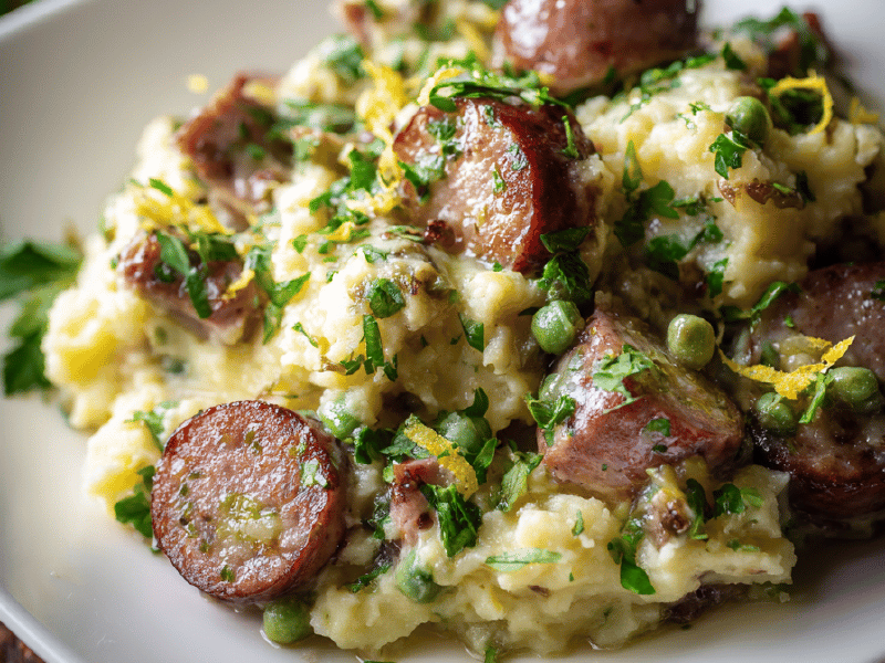 Purê de batata vermelha e salsichas