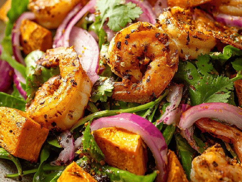 Salada de camarão e batata-doce