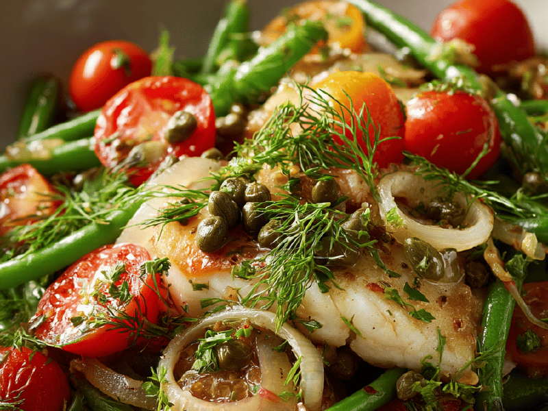 Salada morna de peixe e vagem