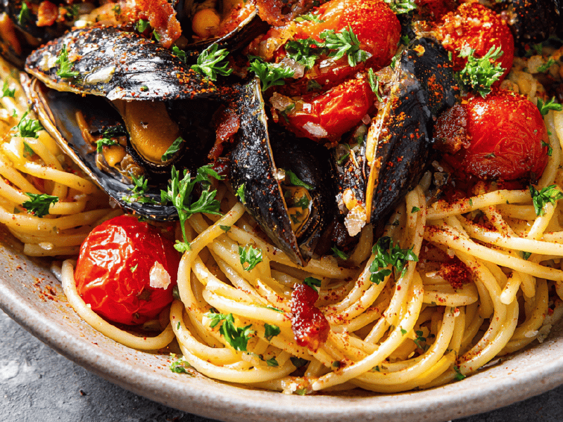 Spaghetti com Mexilhões na Brasa