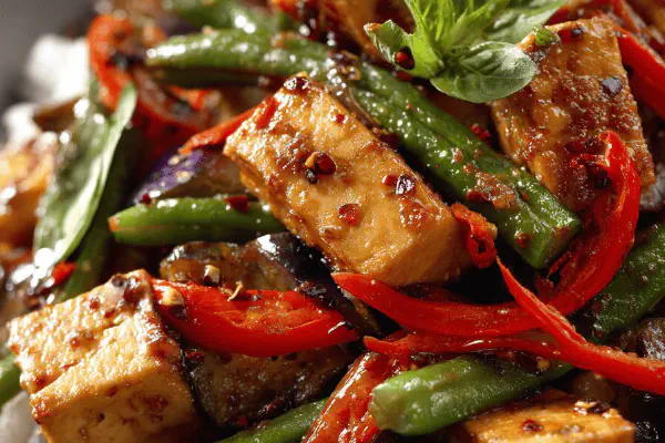 Tofu e legumes fritos asiáticos