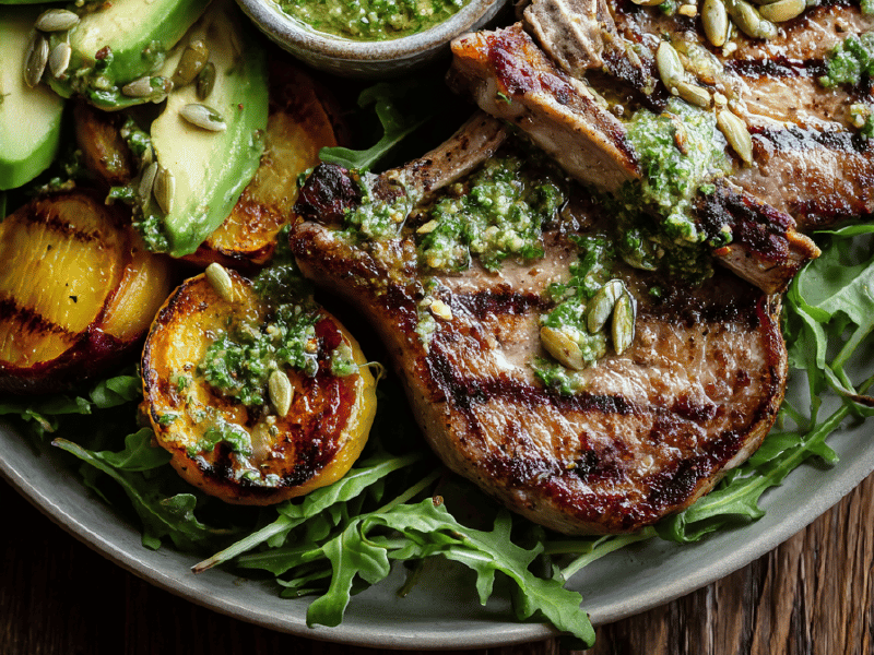 Vitela grelhada com salada de beterraba e abacate